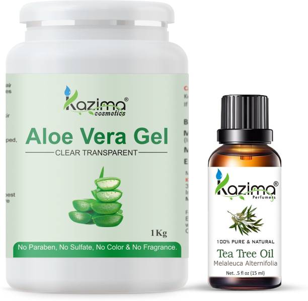 KAZIMA Aloe Vera Gel Raw (1KG) and Tea Tree oil (15ml) Ideal for Scalp, Acne Scars, Skin & Hair Treatment