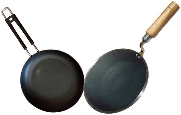 LooksGood INDIAN Iron cookware combo Woodan tawa 25cm Dia + Fry Pan 23 cm Dia Cookware Set