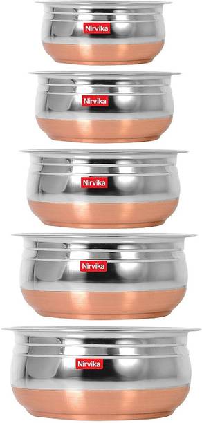 Nirvika Stainless Steel Mixing Bowl Stainless steel handi set Copper Bottom Handi/Urli Pot 5 Piece Set Handi 0.4 L, 0.65 L, 0.85 L, 1.2 L, 1.6 L (Stainless Steel, Copper) Cookware Set / Container/pot pan/patila/bhagona/Serving bowl/biryani cook & serve Set/vessels