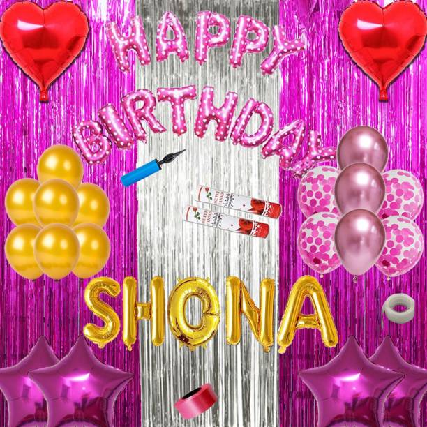 Shopperskart presents Happy Birthday SHONA Combo Kit Pack For Party Decorations (Pack Of 82) PINK
