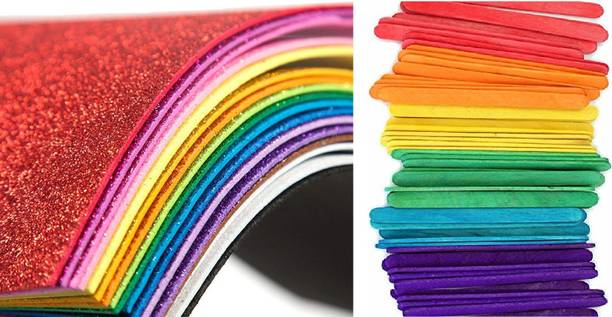 रजव ग्लोबल A4 Size Glitter Foam EVA Sheet Self Adhesive Sticky,Pack of 10 Sheets Multi-colors.& free set of 50 Wooden Colored Ice Cream Sticks for Art & Craft, DIY Work Scrapbooking & Paper Decoration