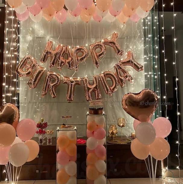 HBD Printed Solid Rose gold Happy Birthday Party Decoration Pack with 60 Metallic Balloons, Heart, Confetti Balloons and Lights (Pack of 70) Balloon