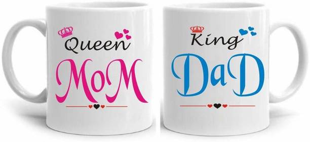 THE CLICK INDIA Queen Mom King Dad Ceramic Coffee/Tea For Couple/Mom/DAD Best Gift For Birthday/Wedding/Anniversary Microwave Safe-330 ml Ceramic Coffee Mug