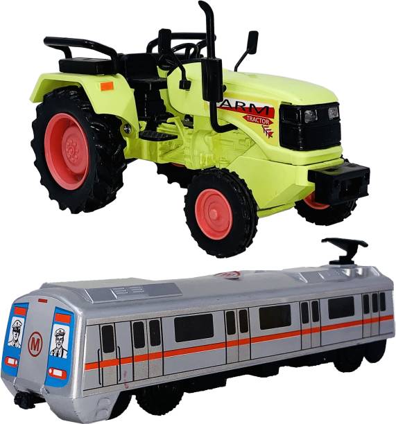 Toyify Set of 2 Combo Pull Back & go Action Farm Tractor + Metro Train Toys For Kids