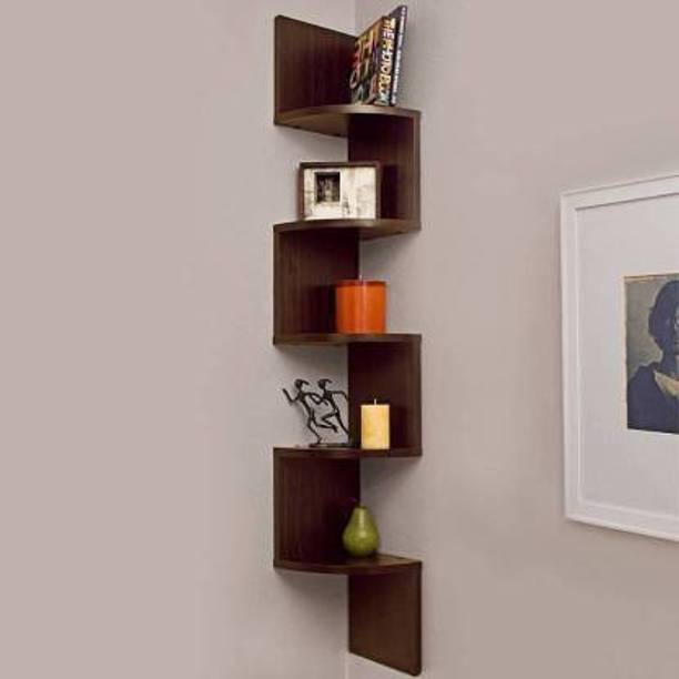 Yannik Retail Zigzag Corner Wall Mount Shelf Unit/Racks and Shelves/Wall Shelf/Book Shelf/Wall Decoration Wooden Wall Shelf (Number of Shelves - 5 Brown) MDF (Medium Density Fiber) Wall Shelf