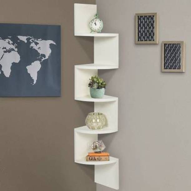 Yannik Retail Zigzag Corner Wall Mount Shelf Unit/Racks and Shelves/Wall Shelf/Book Shelf/Wall Decoration Wooden Wall Shelf (Number of Shelves - 5 White) MDF (Medium Density Fiber) Wall Shelf
