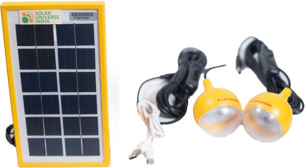 solar universe india Mini Home Lighting Kit with 2 LED Bulbs (3W each), Inbuilt 17Wh Lithium Battery, 5W Panel, USB Mobile Charger &amp; Electricity Charger Solar Light Set