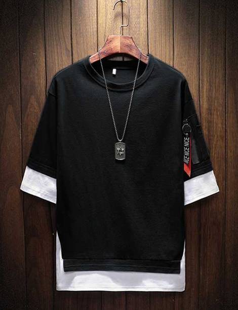 Men Colorblock Round Neck Cotton Blend White, Black T-Shirt