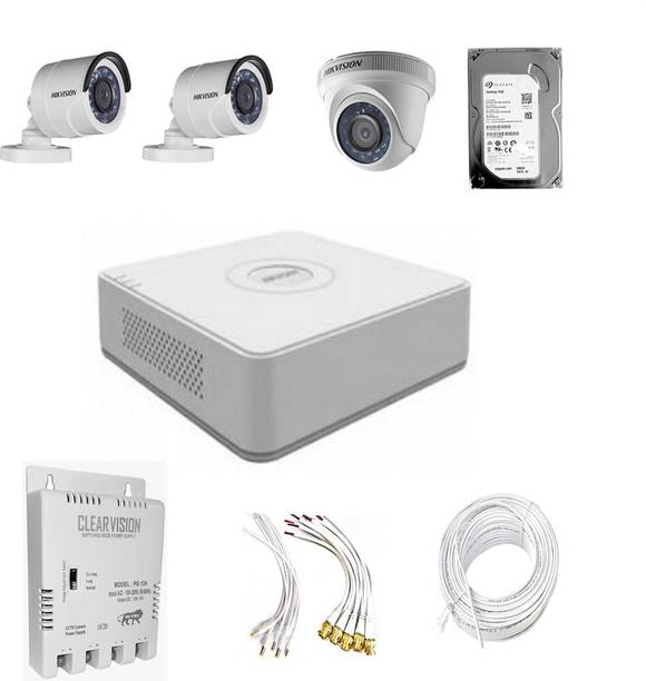 HIKVISION Hikvision 2 MP camera setup with 3 Camera, DVR, Power Supply, Hard Disk and Connectors Security Camera