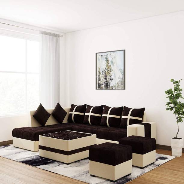 Torque Jamestown L Shape LHS Fabric Sofa set with Centre table & 2 Puffy Fabric 3 + 2 + 1 + 1 Brown Sofa Set