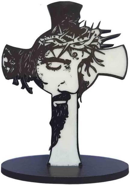 SK Craft Wooden Handcrafted Jesus Christ Face Christian Crown of Thorns Lord GOD Cross for Car Dashboard-9X6 (HxW) cm Decorative Showpiece  -  9 cm
