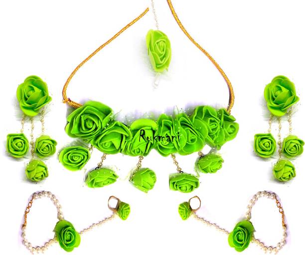 Rukmani Fabric, Rubber, Paper Green Jewellery Set