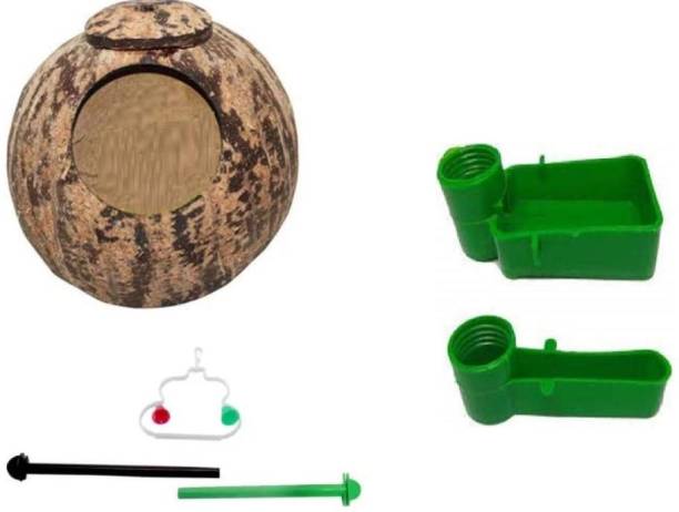 KAPOOR PETS Natural Coconut Shell Bird Nest for Finches and Sparrows, Love Birds, Parrots, Parakeet, Conures, Cockatiel, Hanging Finch nest Box Bird House +2 BIRD DRINKER + 1 BIRD PLAY STAND + 2 PLASTIC PURCH Bird House