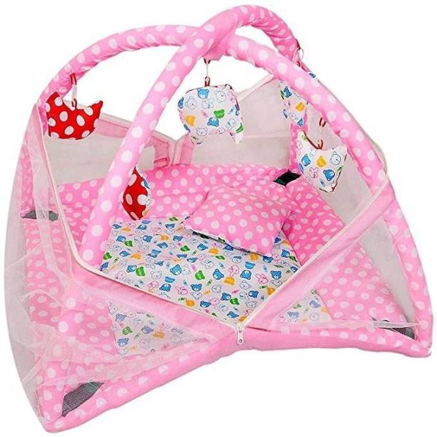 Atharv Enterprises Polyester Kids Washable Graceful Baby Bedding Set/Baby Bedding Set with Mosquito Net and Baby Play Gym with Mosquito Net (Pink Print) Mosquito Net