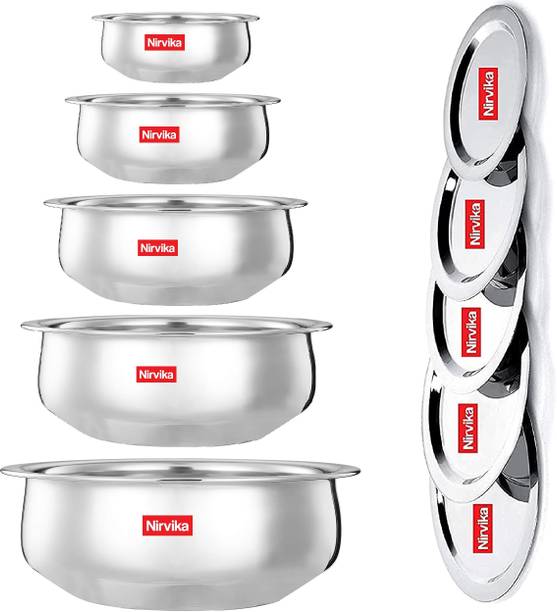 Nirvika cookware set stainless steel handi set with lid/dhakkan/cibba Venna Chetty/Bowl Pot pan 5 Piece Set with lid 550ml, 750ml, 1100ml, 1500ml and 1900ml) (without Copper) 5 - Piece)serving biryani/container set/tapeli/pateli/patila/bhagona new kitchenware best cooking & gifting item इंडक्शन बॉटम कुकवेयर सेट