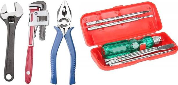 Smuf 4 Tool Kit Set for Home NS04 Double Sided Pipe Wrench (Contains 8In Spanner, 8In Combination Plier,10In Pipe Wrench & 6In Screwdriver) Double Sided Combination Wrench