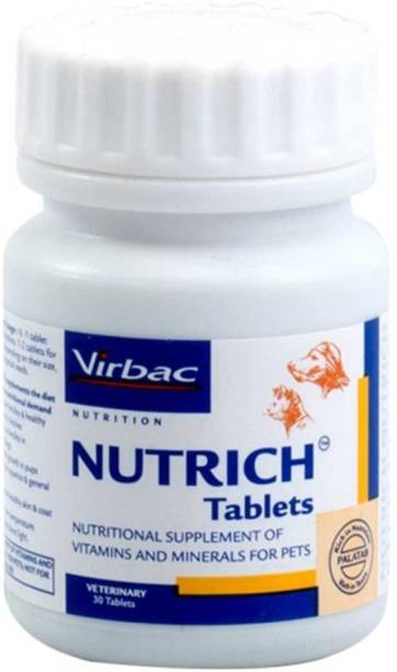 Virbac NUTRICH 30 Tablets , Nutritional supplement of vitamins and minerals for maintain fertility and maintain fertility in breeding dogs , healthy growth in pups , appetite and general health , maintain healthy skin and coat , vitamin , nutrition , calcium , energy Pet Health Supplements Pet Health Supplements