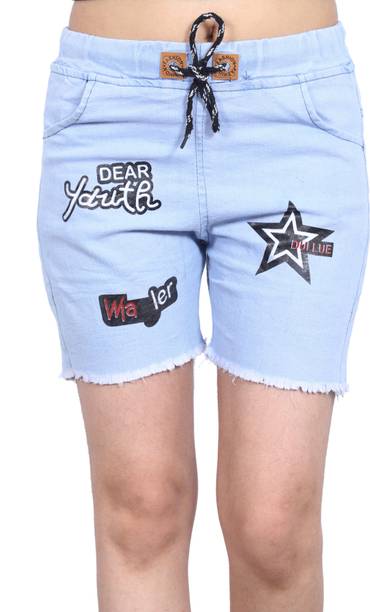 Graphic Print Women Denim Dark Blue, Light Blue Denim Shorts