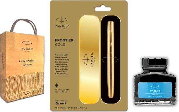 PARKER Frontier Gold Fountain Pen with Quink Bottled Ink Port and Gift Bag Pen Gift Set