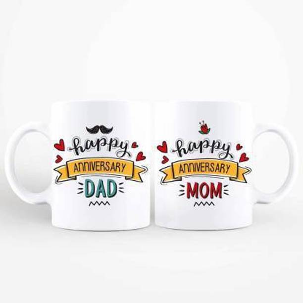 V Kraft "happy anniversary mom and dad " couple matching mug set love quote printed Ceramic love with Handle-Perfect Gift to Anyone On Any Occasion | Coffee & Tea Cup | Pack of 2 Ceramic Coffee Mug