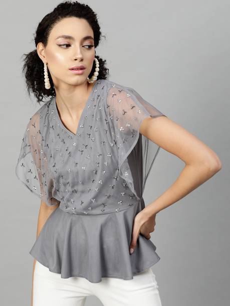 STREET9 Casual Butterfly Sleeve Embellished Women Grey Top
