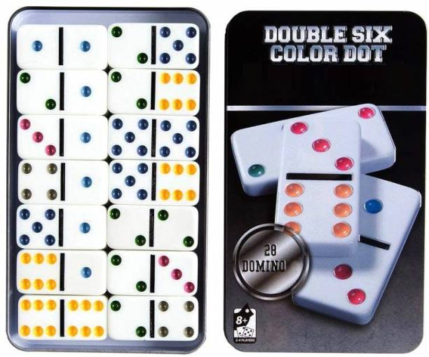 Authfort 6 Color Dot Domiino Game Set - White Domiino Match Board Game – Large Sized 28 Pieces Set Toy in Tin Case