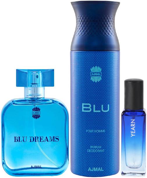 Ajmal Blu Dreams EDP 100ml and Blu Deo 200ml & Yearn EDP 20ML Pack of 3 (Total 320ML) for Men & Women + 2 Parfum Testers
