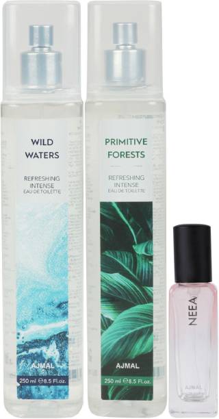Ajmal Wild Waters & Primitive Forest EDT each 250ML & Neea EDP 20ML Pack of 3 (Total 520ML) for Men & Women + 2 Parfum Testers