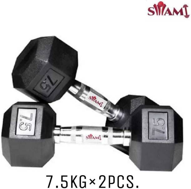 LCARNO HEX Rubber Coated Cast Iron Hexa Dumbbells 7.5 KG Pair for Professional Exercise Fixed Weight Dumbbell