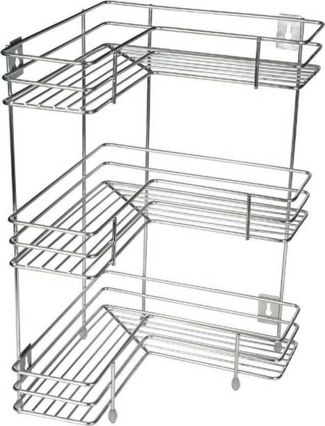 AMAZE ACTIONWARE Utensil Kitchen Rack Steel L Shape Corner Stand 3 Layer Stainless Steel Multipurpose Storage Rack / Shelf