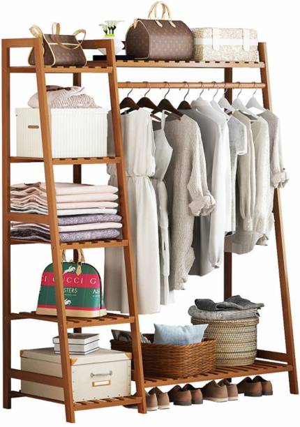 LEOPAX Bamboo Coat Garment Rack, Freestanding Cloth Hanging Rack with 5 Storage Shelves Bamboo Coat and Umbrella Stand
