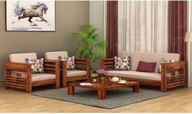 DriftingWood Wooden Sofa set for living Room Furniture | 3+1+1 Sofa Set | 5 Seater Sofa Fabric 3 + 1 + 1 Beige Sofa Set