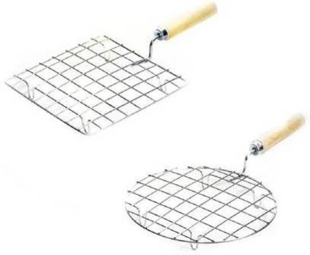 Country hub Stainless Steel Roaster Tandoor Paneer Roti Roaster Net Jali Papad Jali Barbecue Grill with Wooden Handle,Round + Square ( Set OF 2 )Papad Jali Roti Roast Grill with Handle Roaster Circle Chapati Toast Wooden Barbeque Silver paneer tandoor,papad-chapati-roti-grill-jali-with-wooden-handle ,Roti Jari Roti Roast Grill Papad Roaster Grill Chapati Toast Grill Wooden Handle Material Stainless Steel Wire Roaster - its uses to Roast Roti Papad, Tomato ,Chapati, Toast, Baigan Bharta, and more vegetables, Multipurpose Roasting tool Strong Sturdy handle for better grip Great for making Roti, chapatti, papad,pizza(Square+Round 10 inch)(Set of 2) 0.5 kg Roaster