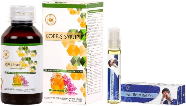HerbRoot Surya Herbal Ayurvedic Pack of 2 Koff-S-Syrup for Cough & Cold (100ml each) & 2 Pain Relief Roll On 10ml each for Headache