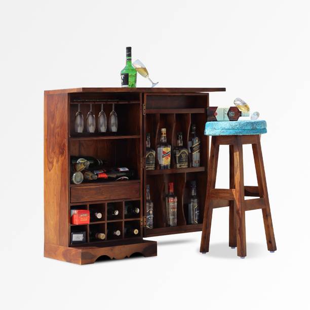 Sheesham Craft Nivora Single Door With Bar Stool in Natural Honey Oak Solid Wood Bar Cabinet