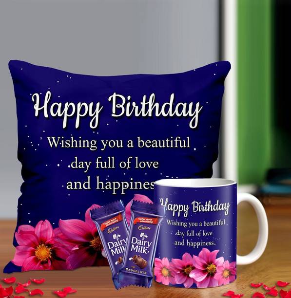 Midiron Birthday Gift for Girls, Birthday Gifts for Friends, Printed Cushion with Mug and chocolate (16*16 In) IZ21-03 Microfibre, Ceramic Gift Box