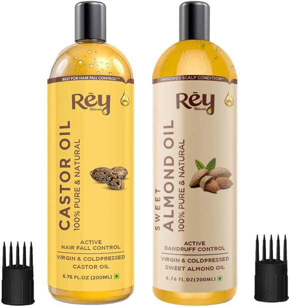 Rey Naturals Cold Pressed Castor Oil & Sweet Almond Oil - for hair & skin - 200ml + 200ml Hair Oil