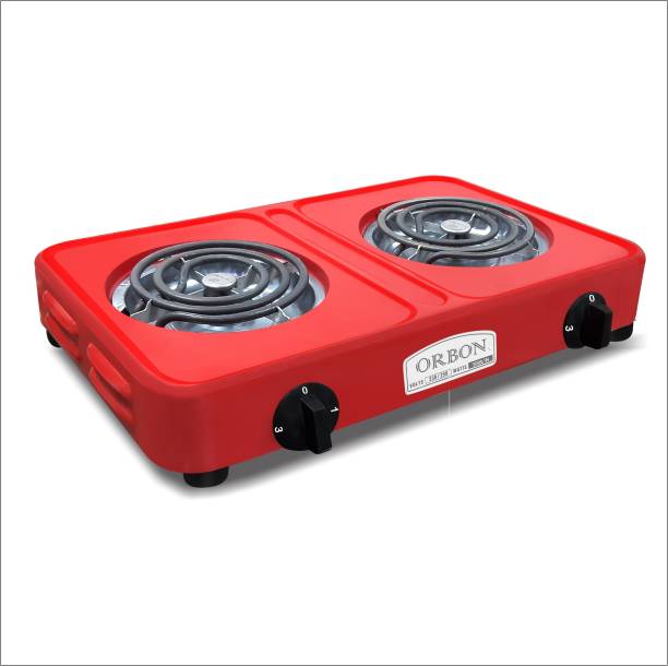 Orbon Double Heavy Duty Powder Coated 1000 Watt + 1000 Watts Electric Coil Cooking Stove | Electric Cooking Heater | Induction Cooktop | G Coil Hot Plate Stove | Works With All Cookwares (Red) Electric Cooking Heater