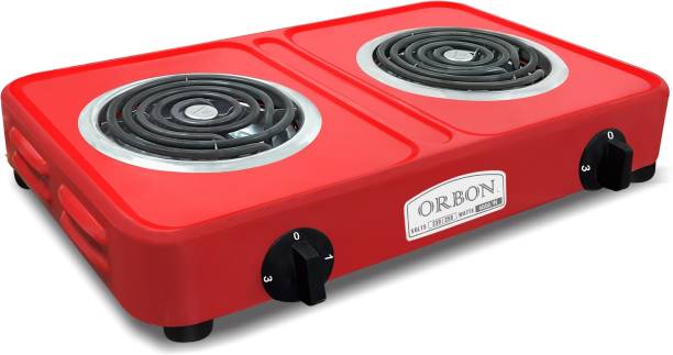 Orbon Double Heavy Duty Powder Coated 2000 Watt + 2000 Watts Electric Coil Cooking Stove | Electric Cooking Heater | Induction Cooktop | G Coil Hot Plate Stove | Works With All Cookwares (Red) Electric Cooking Heater