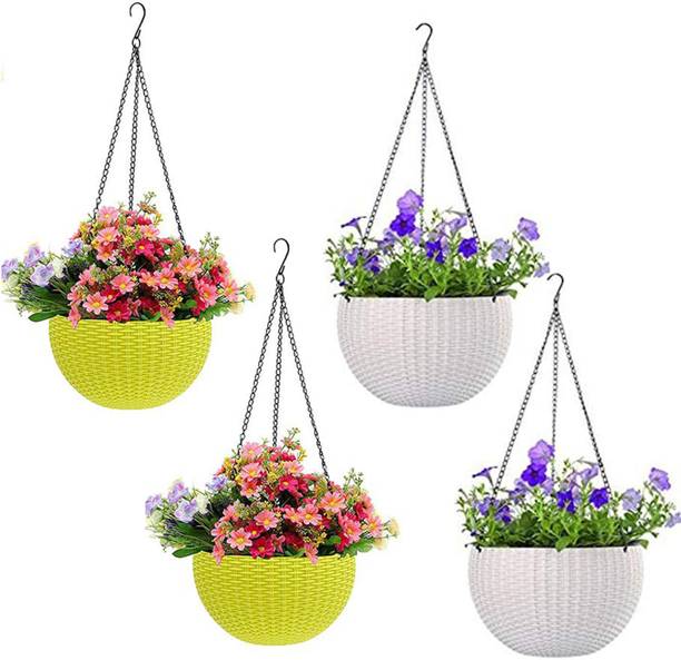 HNB 6" Woven Design Hanging Euro Basket Planters Indoor Outdoor Hanging Flower Plant Container Pot with Hanging Chain Plant Container Set