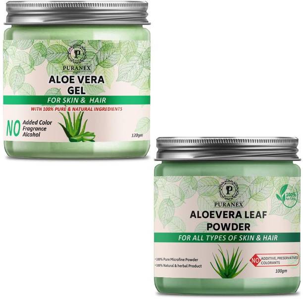 puranex 100% Natural & Pure Aloevera Gel For Deep Cleansing, Soft, Pimple free, Extra Glowing & Shiny Skin-Face Pack 100 GM (Pack of 1) & 100% Natural & Pure Aloe Vera Leaf Powder For Nourshiment, Soft, Pimple free, Extra Glowing & Shiny Skin Face Pack 100 GM (Pack of 1) 100 GM Each