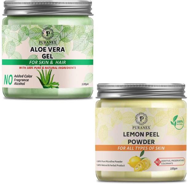 puranex 100% Natural & Pure Aloevera Gel For Deep Cleansing, Soft, Pimple free, Extra Glowing & Shiny Skin-Face Pack 100 GM (Pack of 1) & Natural & Pure Lemon Peel Powder For Deep Cleaning, Detoxifying ,Soft, Pimple free, Glowing & Shiny Skin Face Pack Enriched With Vitamin C 100 GM (Pack of 1) 100 GM Each