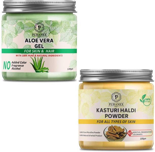puranex 100% Natural & Pure Aloevera Gel For Deep Cleansing, Soft, Pimple free, Extra Glowing & Shiny Skin-Face Pack 100 GM (Pack of 1) & 100% Natural & Pure Kasturi (Wild/Jangli) Haldi Powder For Pimple free, Glowing & Shiny Skin Face Pack 100 GM (Pack of 1) 100 GM Each