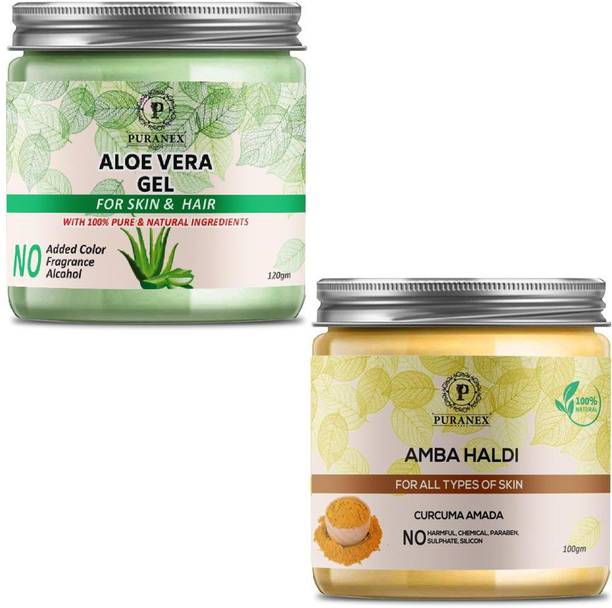 puranex 100% Natural & Pure Aloevera Gel For Deep Cleansing, Soft, Pimple free, Extra Glowing & Shiny Skin-Face Pack 100 GM (Pack of 1) & 100% Natural & Pure Amba Haldi Powder For Pimple free, Glowing & Shiny Skin Face Pack 100 GM (Pack of 1) 100 GM Each