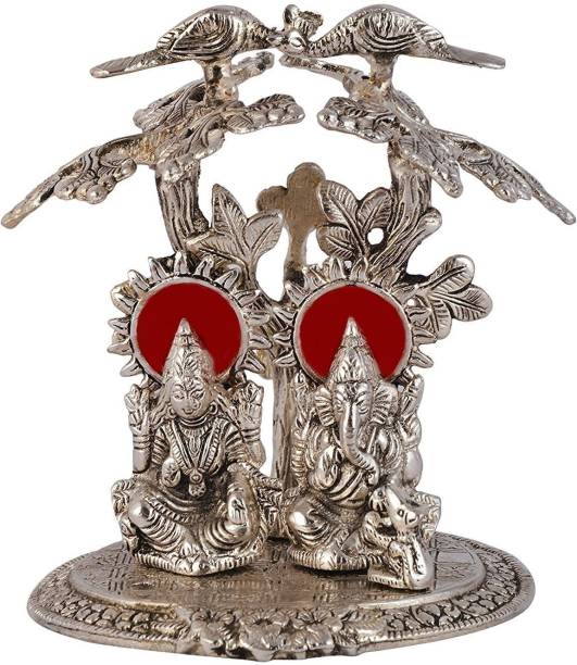 INTERNATIONAL GIFT Silver Plated Laxmi Ganesha Tree God Idols Oxidized Silver Finish With Beautiful Velvet Box Religious Tile