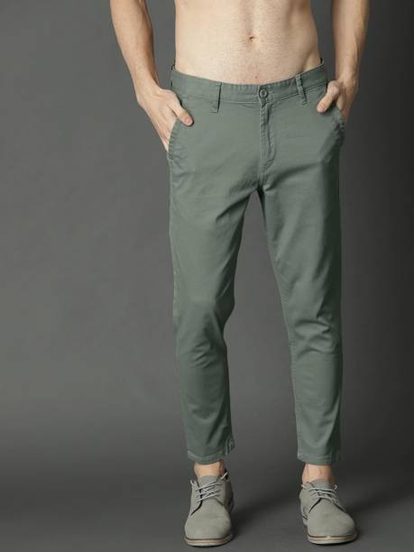 Men Slim Fit Light Green Cotton Blend Trousers