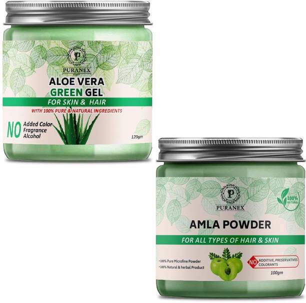 puranex 100% Natural & Pure Aloevera Green Gel For Deep Cleansing, Soft, Pimple free, Extra Glowing & Shiny Skin & Face Pack 100 GM (Pack of 1) & 100% Natural & Pure Amla Powder For Strong, Shiny,Silky & Dandruff Free Hair 100 GM (Pack of 1) 100 GM Each