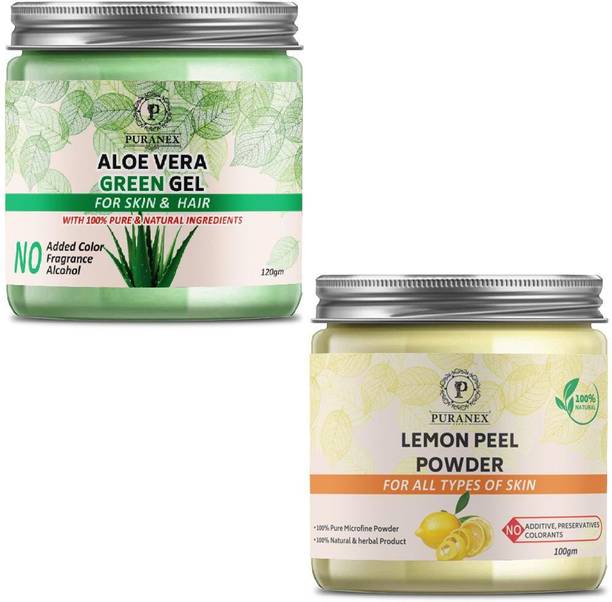 puranex 100% Natural & Pure Aloevera Green Gel For Deep Cleansing, Soft, Pimple free, Extra Glowing & Shiny Skin & Face Pack 100 GM (Pack of 1) & Natural & Pure Lemon Peel Powder For Deep Cleaning, Detoxifying ,Soft, Pimple free, Glowing & Shiny Skin Face Pack Enriched With Vitamin C 100 GM (Pack of 1) 100 GM Each