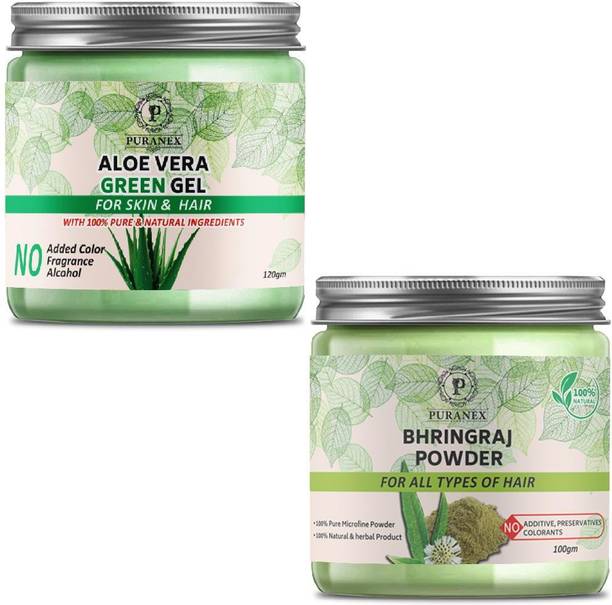 puranex 100% Natural & Pure Aloevera Green Gel For Deep Cleansing, Soft, Pimple free, Extra Glowing & Shiny Skin & Face Pack 100 GM (Pack of 1) 100 GM Each & Bhringraj Powder For Strong, Shiny & Dandruff Free Hair 100 GM (Pack of 1) 100 GM Each