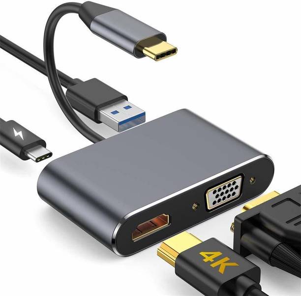 RuhZa Type C To 4 In 1 USB C Docking Multiport Adapter With HDMI 4K+VGA+USB3.0+USB C Compatible with Android, Laptop, Mac, PC etc. USB Cable